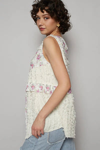 POL Floral Textured Round Neck Sleeveless Top - Chandeliers Boutique ny