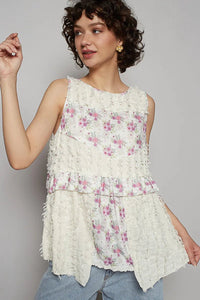 POL Floral Textured Round Neck Sleeveless Top - Chandeliers Boutique ny