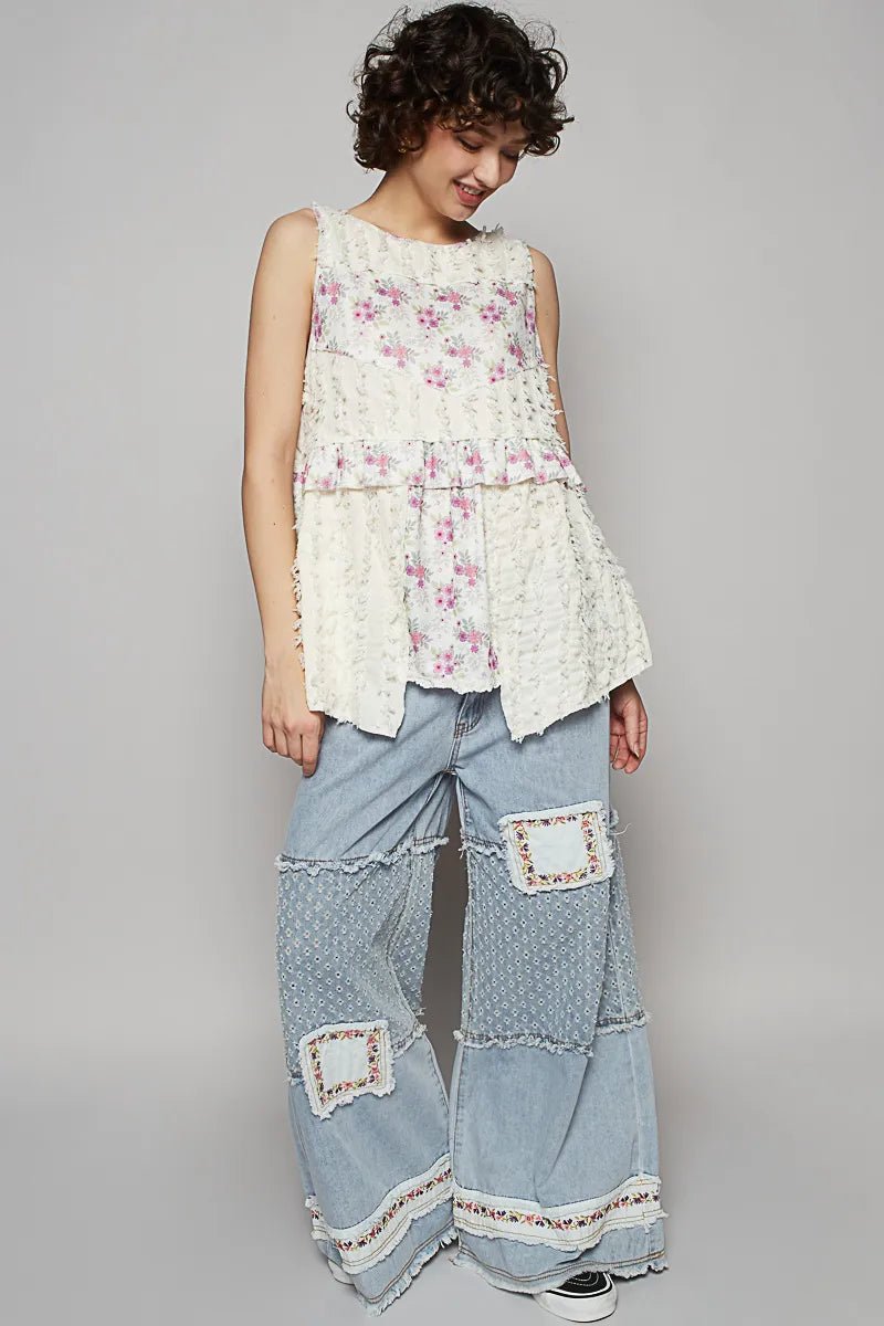 POL Floral Textured Round Neck Sleeveless Top - Chandeliers Boutique ny