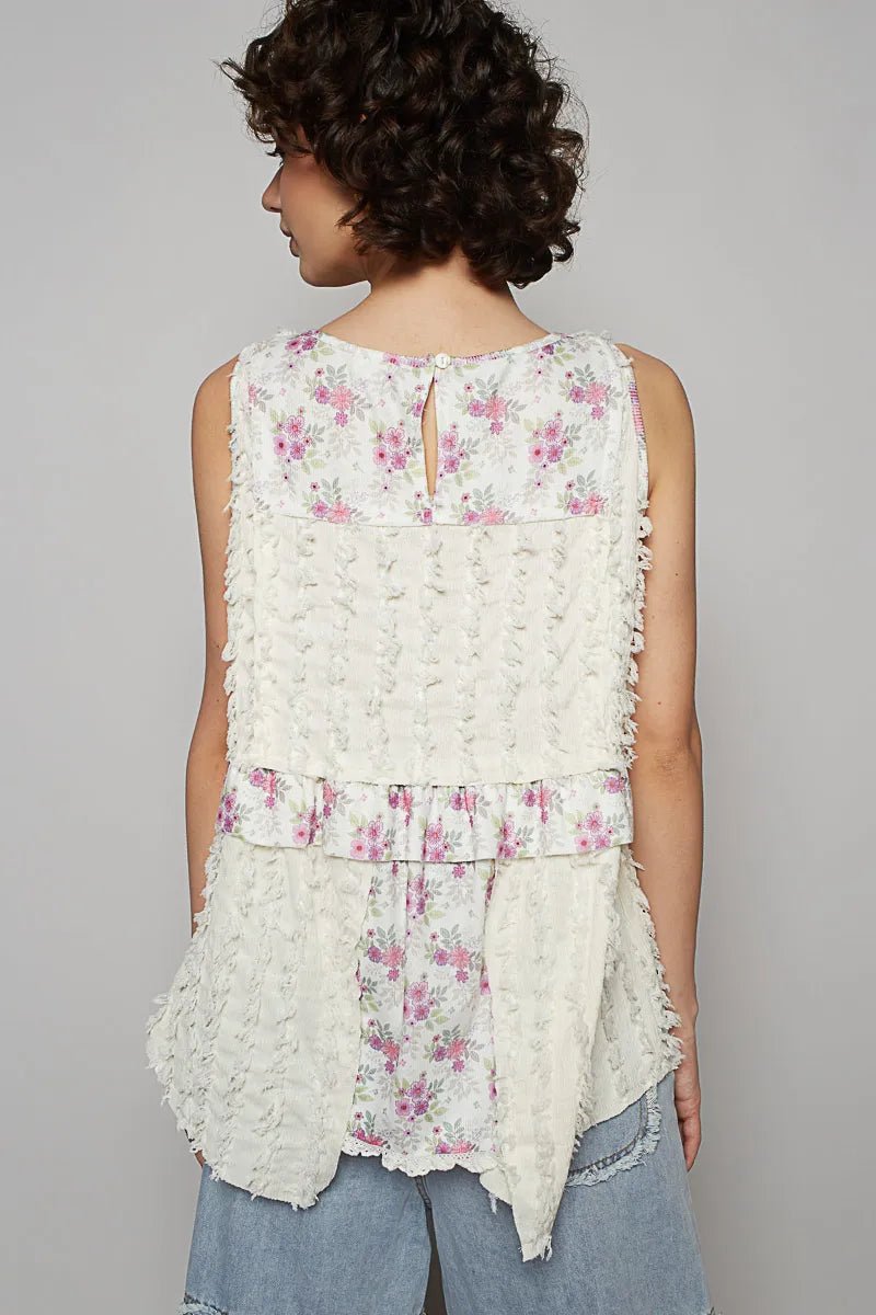 POL Floral Textured Round Neck Sleeveless Top - Chandeliers Boutique ny