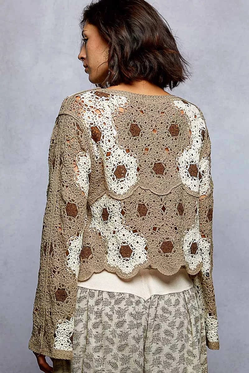 POL Floral Weave Pattern Crochet Cropped Top with Beads Detail - Chandeliers Boutique ny