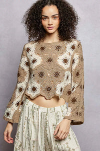 POL Floral Weave Pattern Crochet Cropped Top with Beads Detail - Chandeliers Boutique ny