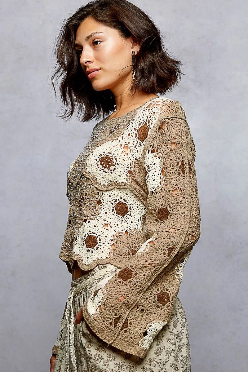 POL Floral Weave Pattern Crochet Cropped Top with Beads Detail - Chandeliers Boutique ny