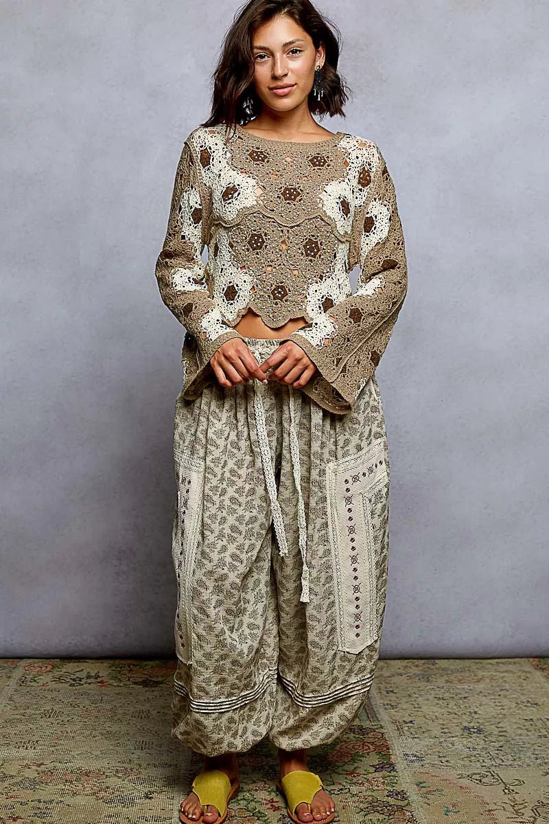 POL Floral Weave Pattern Crochet Cropped Top with Beads Detail - Chandeliers Boutique ny