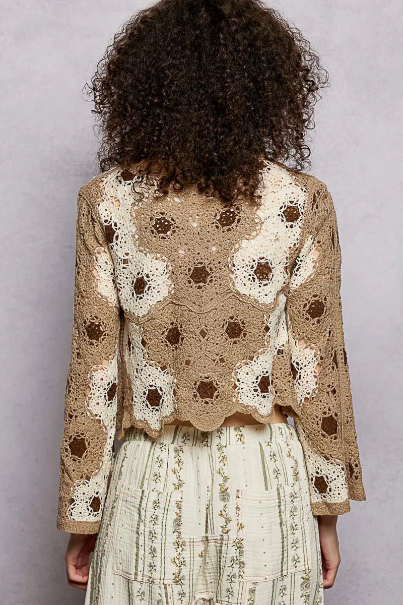 POL Floral Weave Pattern Crochet Cropped Top with Beads Detail - Chandeliers Boutique ny