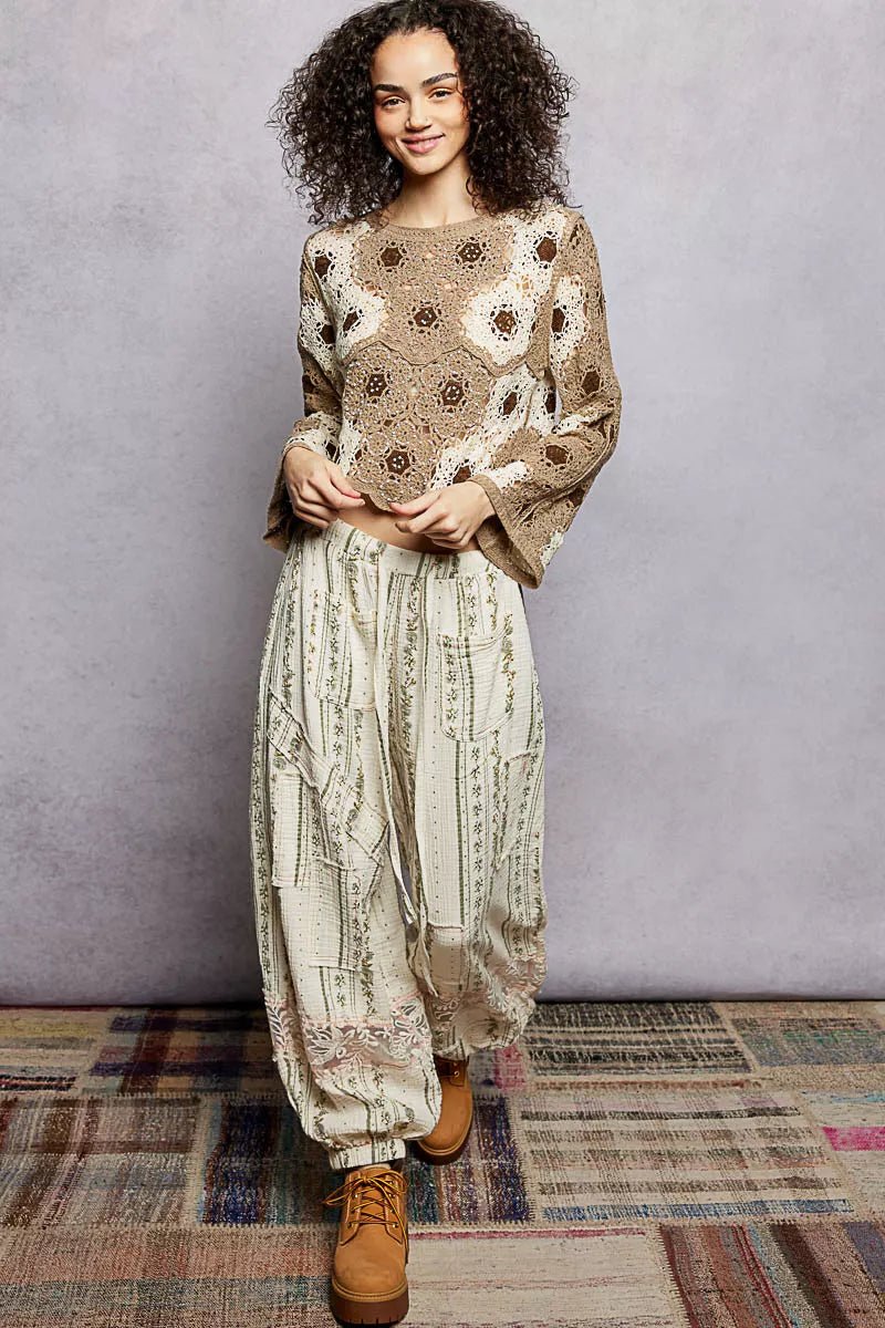 POL Floral Weave Pattern Crochet Cropped Top with Beads Detail - Chandeliers Boutique ny