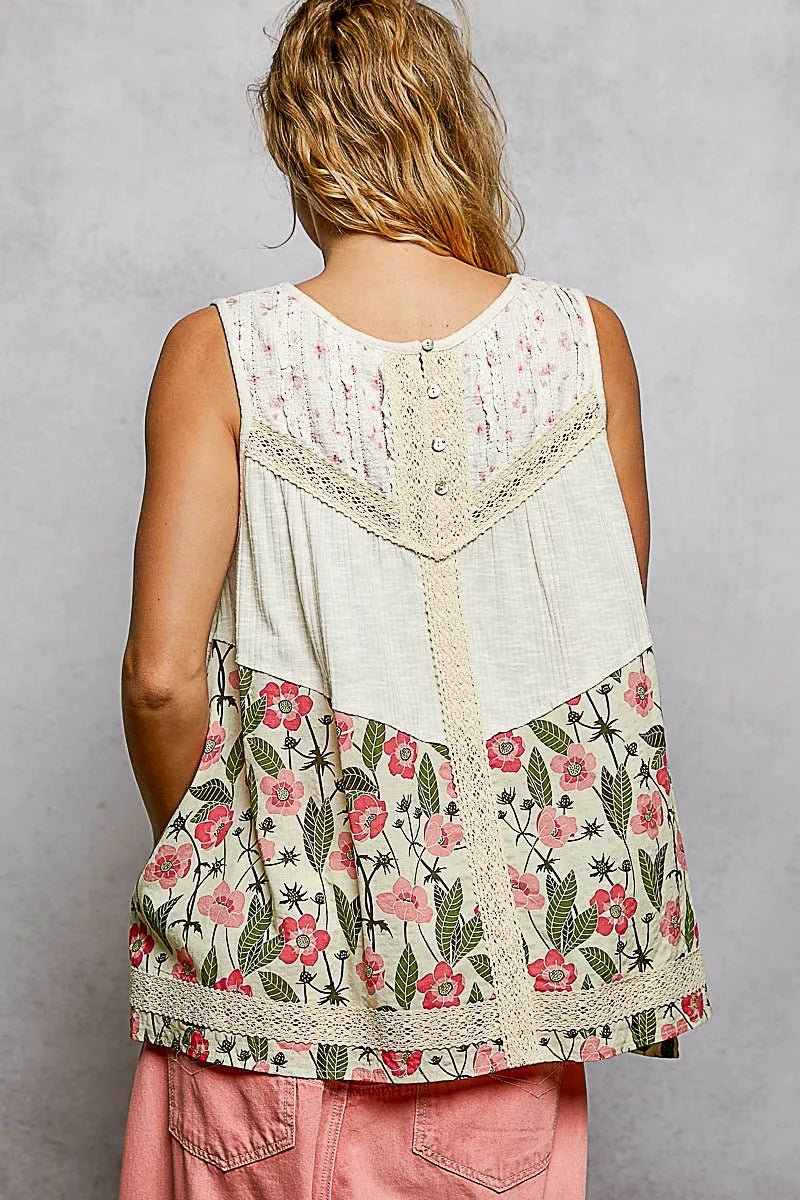 POL Lace Detail Floral V - Neck Tank - Chandeliers Boutique ny