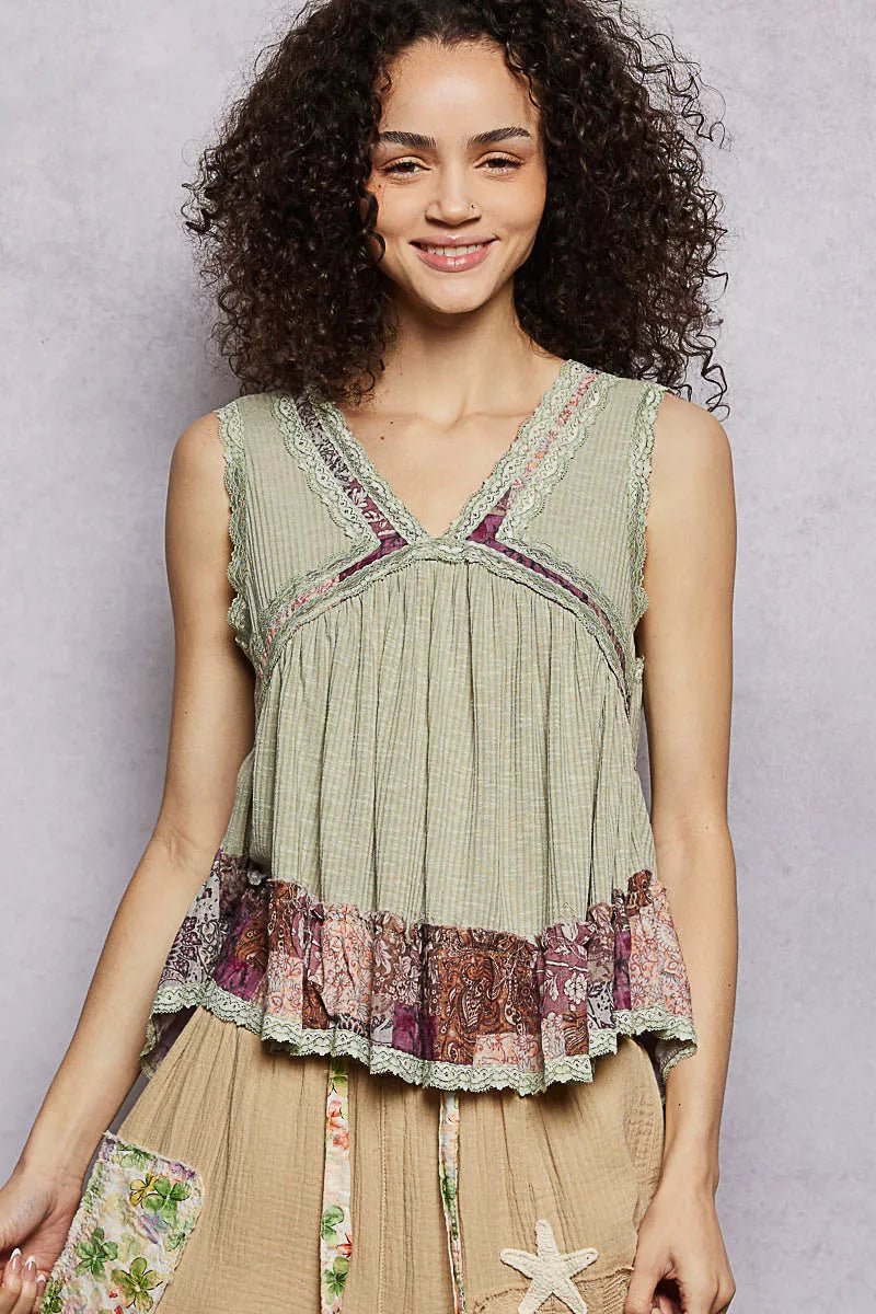 POL Lace Detail Ruffled Ribbed Sleeveless Top with Floral Pattern Trim Detail - Chandeliers Boutique ny