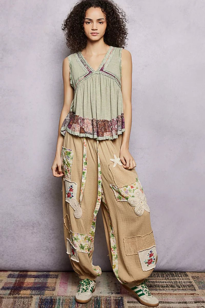 POL Lace Detail Ruffled Ribbed Sleeveless Top with Floral Pattern Trim Detail - Chandeliers Boutique ny