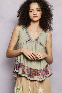 POL Lace Detail Ruffled Ribbed Sleeveless Top with Floral Pattern Trim Detail - Chandeliers Boutique ny