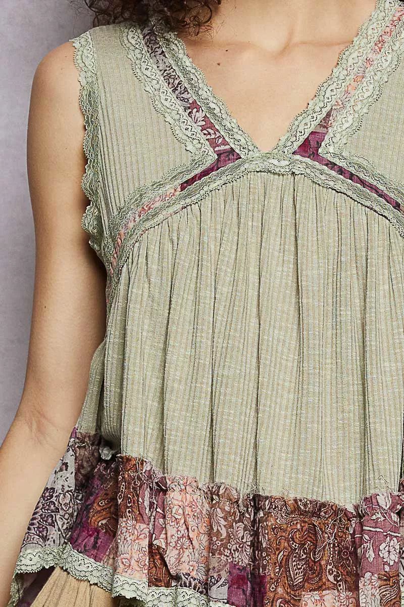 POL Lace Detail Ruffled Ribbed Sleeveless Top with Floral Pattern Trim Detail - Chandeliers Boutique ny