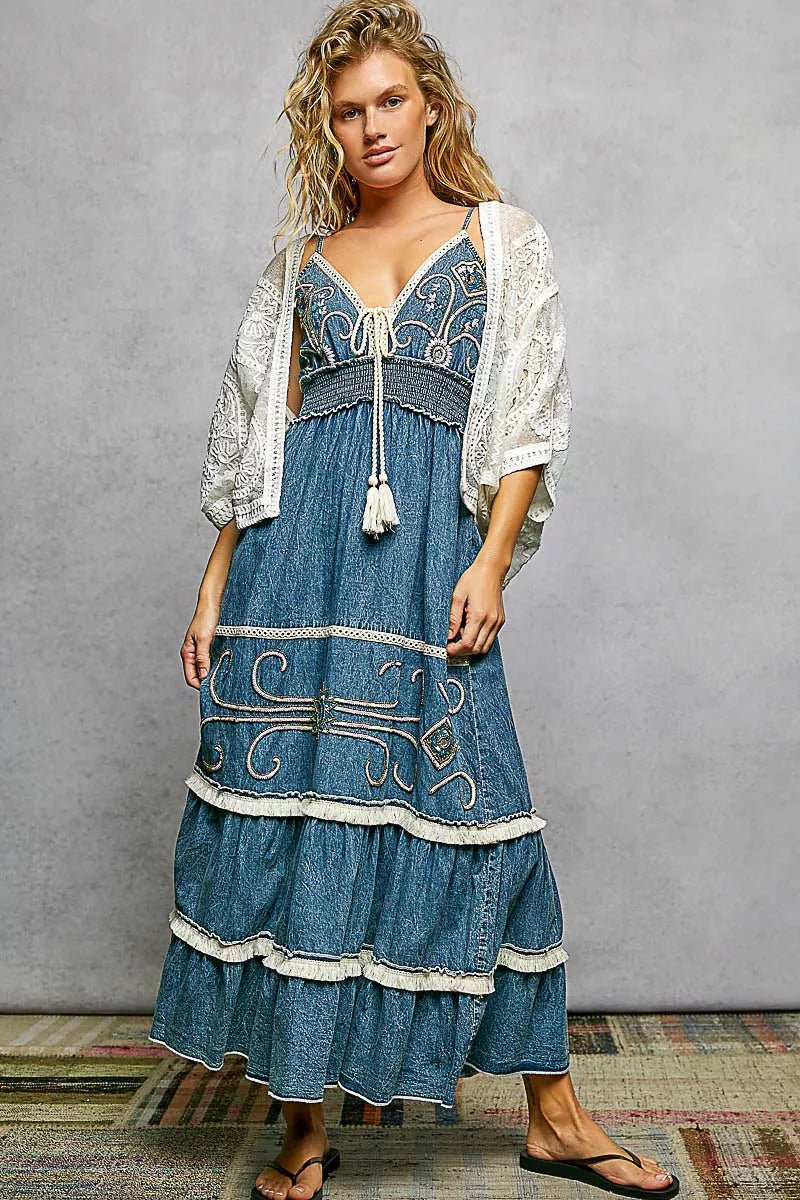 POL Open Front Crochet Cardigan with Floral Embroidery - Chandeliers Boutique ny