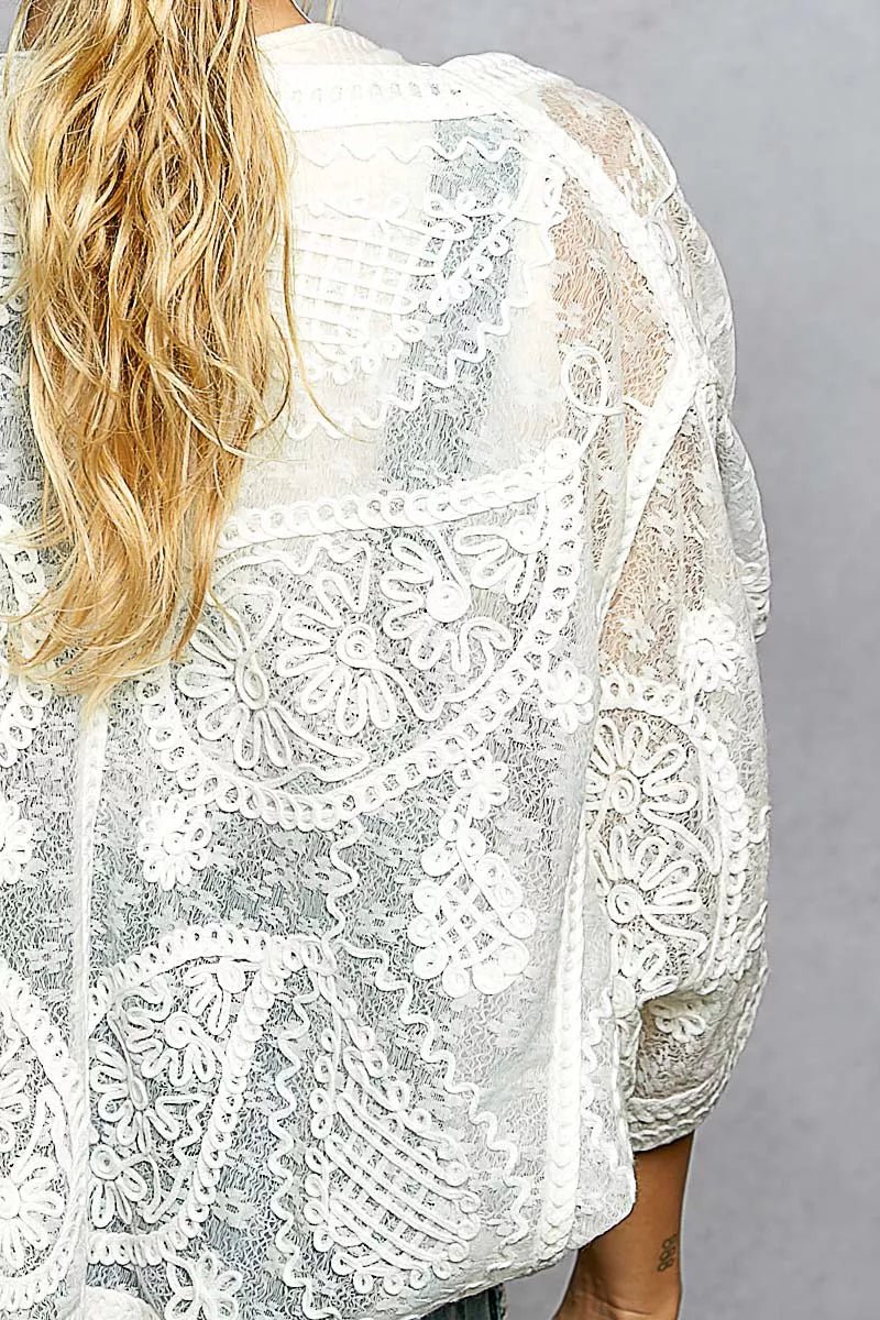 POL Open Front Crochet Cardigan with Floral Embroidery - Chandeliers Boutique ny