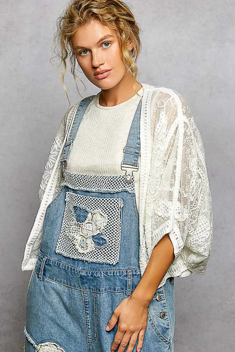 POL Open Front Crochet Cardigan with Floral Embroidery - Chandeliers Boutique ny