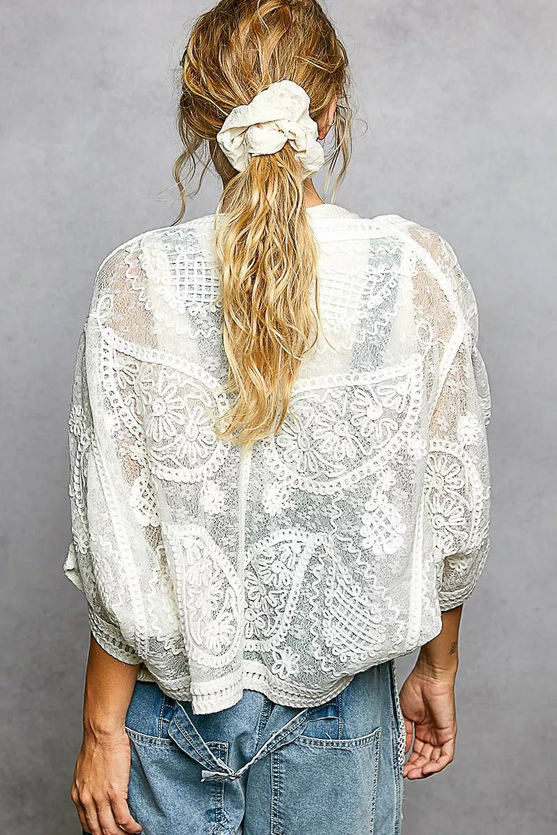 POL Open Front Crochet Cardigan with Floral Embroidery - Chandeliers Boutique ny