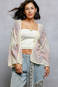 POL Open Front Crochet Cardigan with Granny Square Pattern - Chandeliers Boutique ny