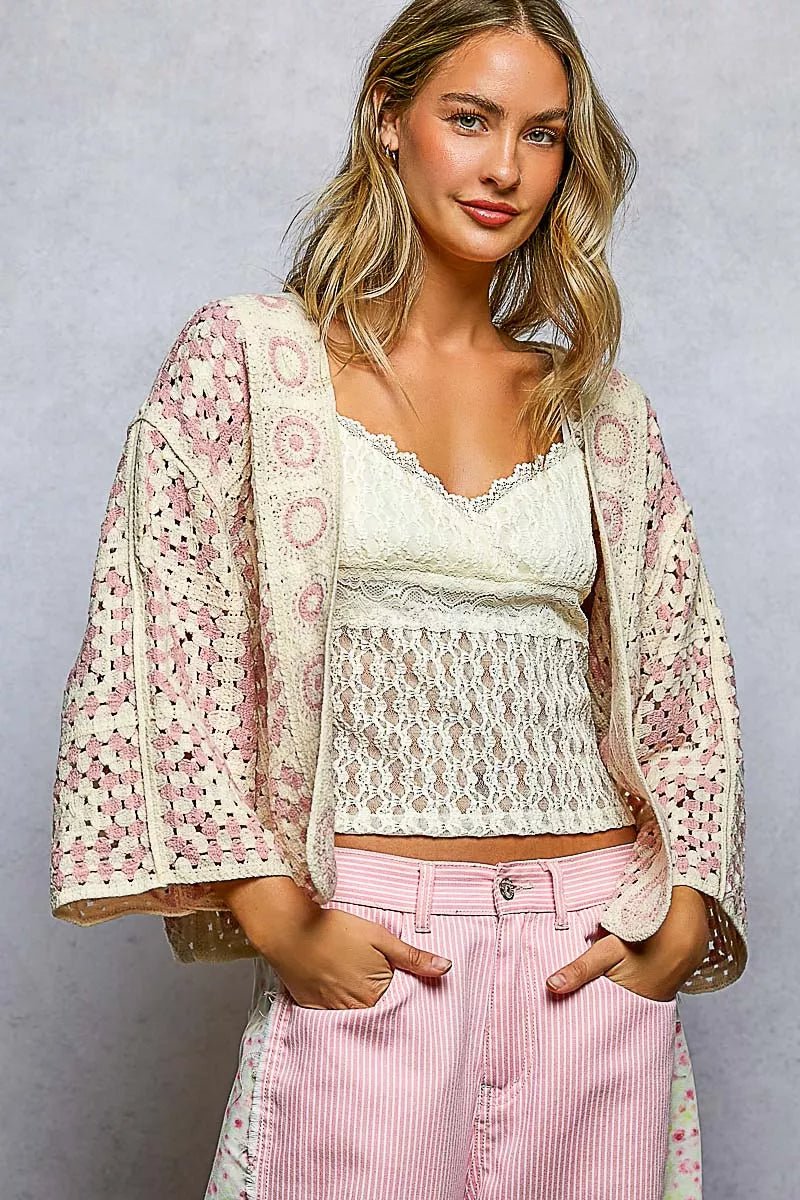 POL Open Front Crochet Cardigan with Granny Square Pattern - Chandeliers Boutique ny