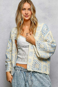 POL Open Front Crochet Cardigan with Granny Square Pattern - Chandeliers Boutique ny