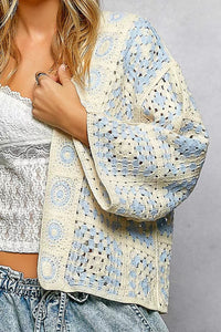 POL Open Front Crochet Cardigan with Granny Square Pattern - Chandeliers Boutique ny