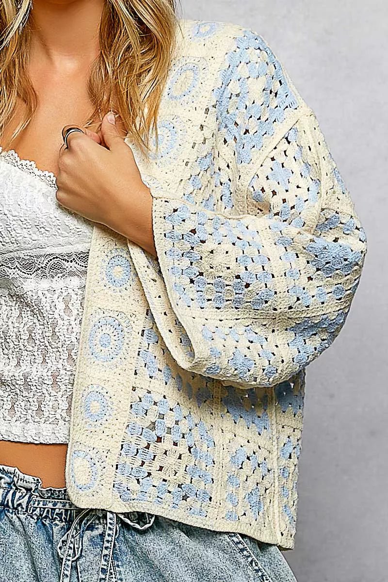 POL Open Front Crochet Cardigan with Granny Square Pattern - Chandeliers Boutique ny