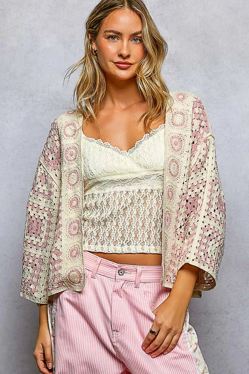 POL Open Front Crochet Cardigan with Granny Square Pattern - Chandeliers Boutique ny