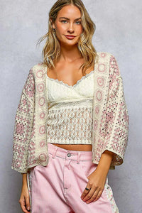 POL Open Front Crochet Cardigan with Granny Square Pattern - Chandeliers Boutique ny