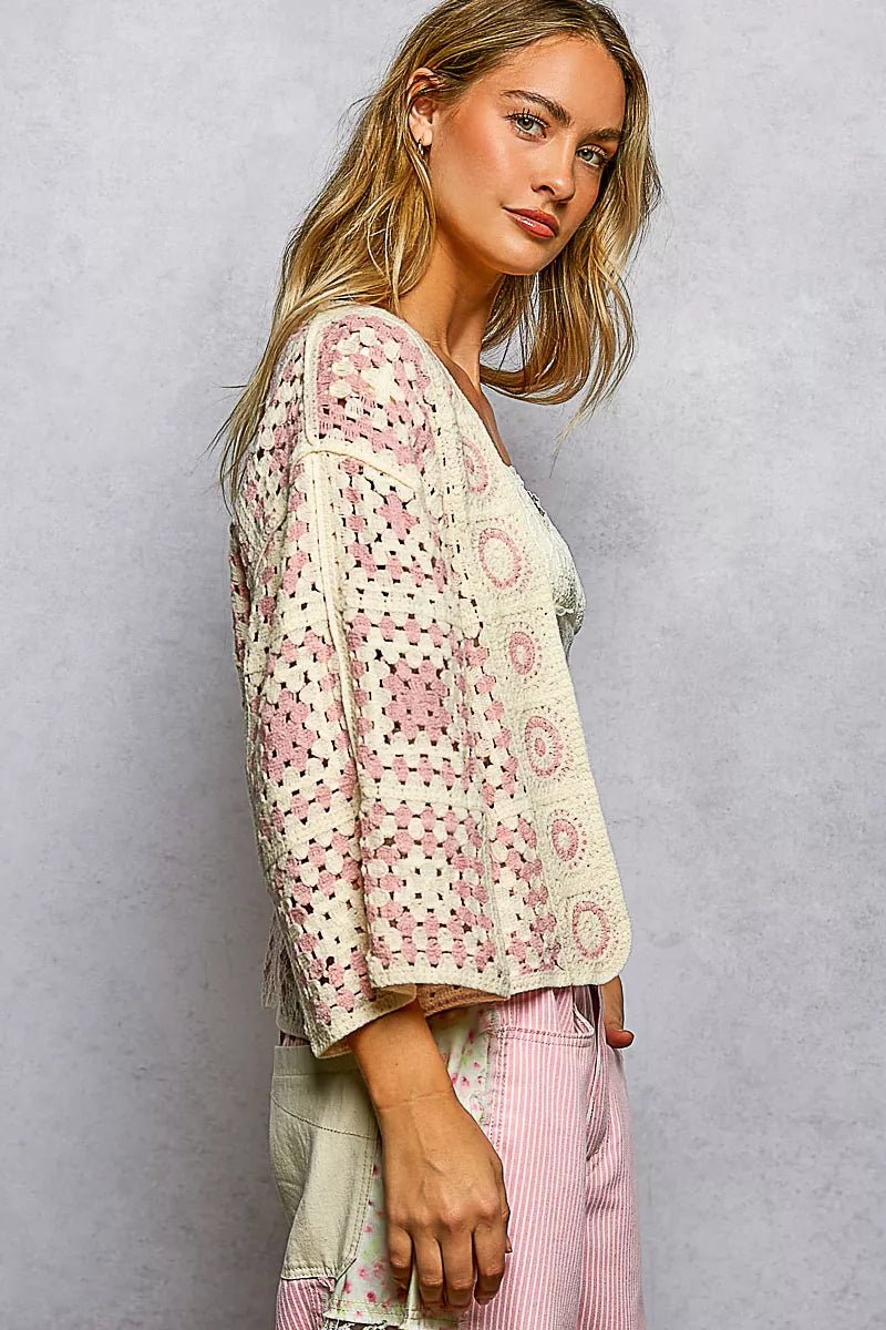 POL Open Front Crochet Cardigan with Granny Square Pattern - Chandeliers Boutique ny
