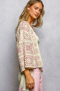 POL Open Front Crochet Cardigan with Granny Square Pattern - Chandeliers Boutique ny