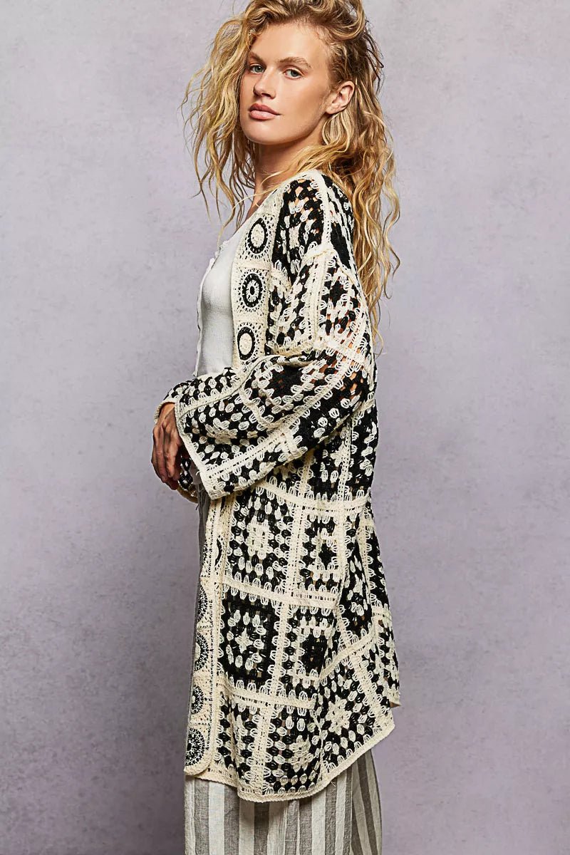 POL Open Front Crochet Cardigan with Granny Square Pattern - Chandeliers Boutique ny