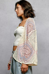 POL Open Front Crochet Cardigan with Granny Square Pattern - Chandeliers Boutique ny