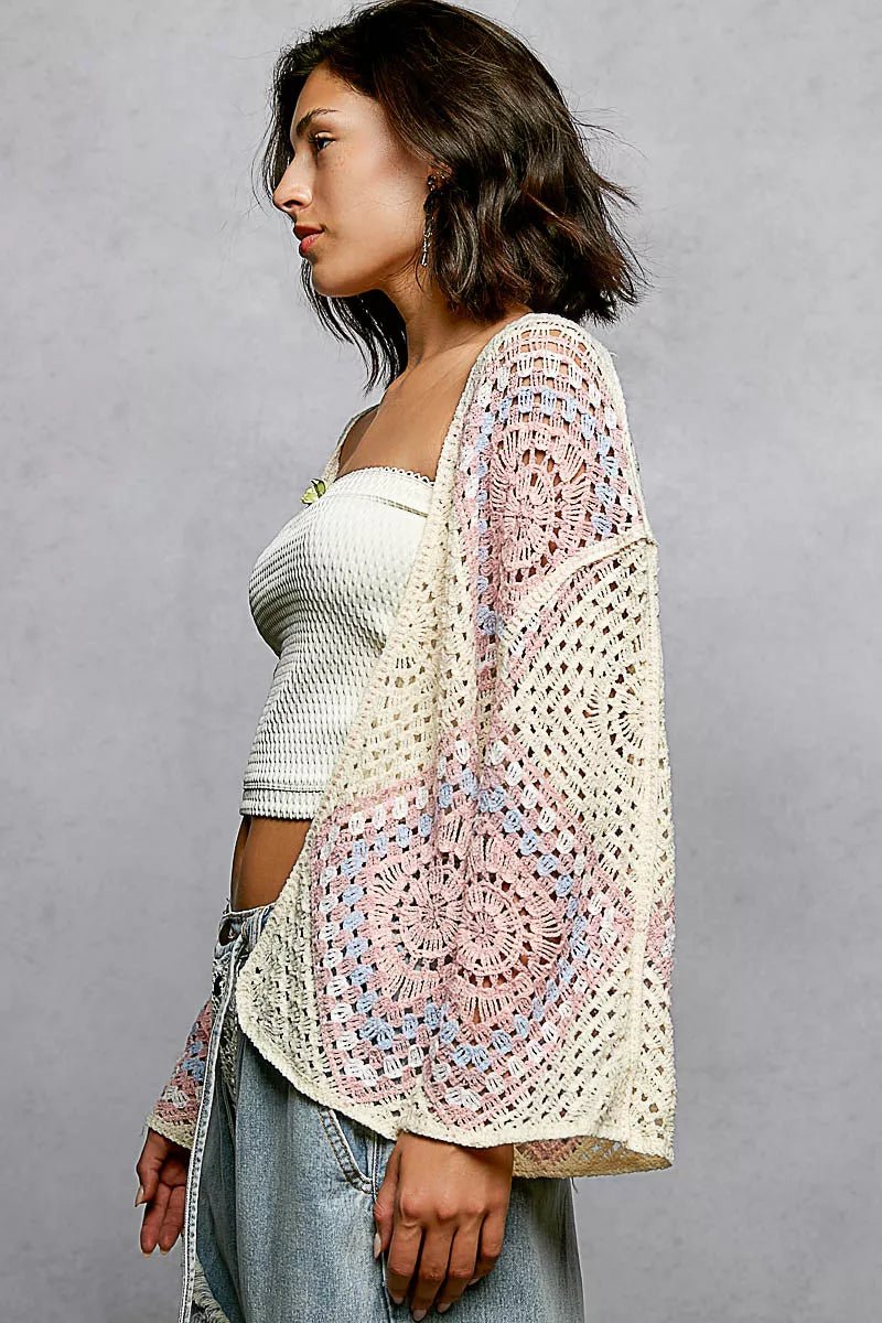 POL Open Front Crochet Cardigan with Granny Square Pattern - Chandeliers Boutique ny