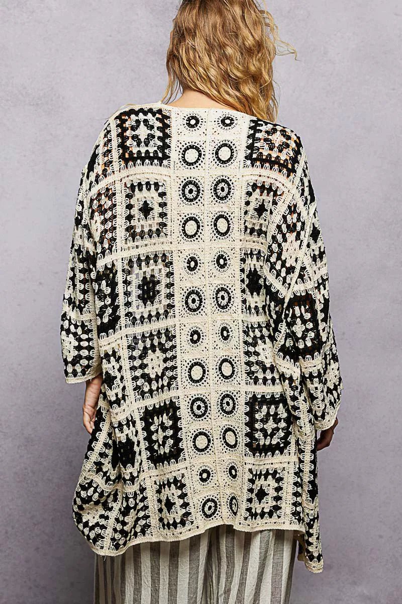 POL Open Front Crochet Cardigan with Granny Square Pattern - Chandeliers Boutique ny