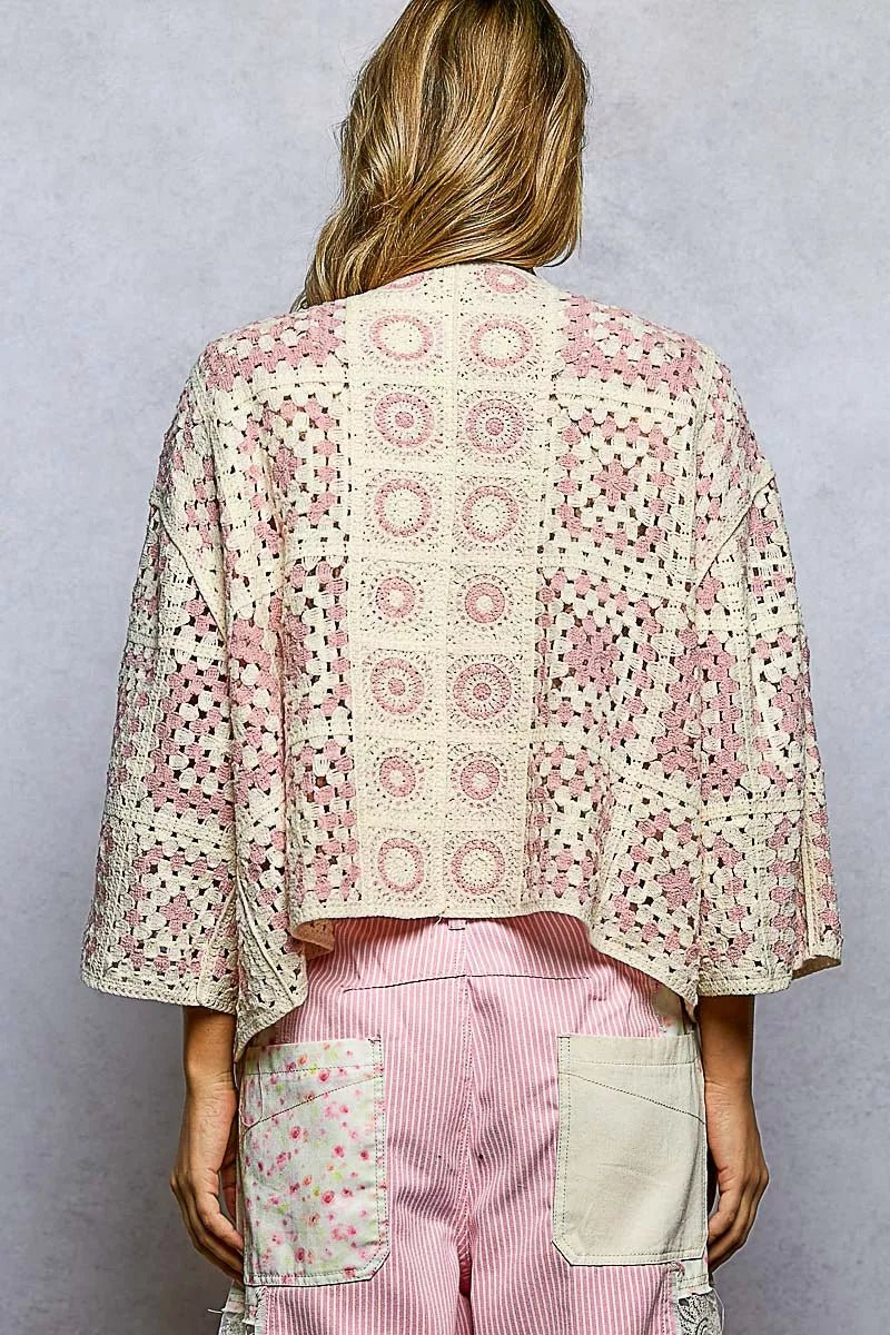 POL Open Front Crochet Cardigan with Granny Square Pattern - Chandeliers Boutique ny