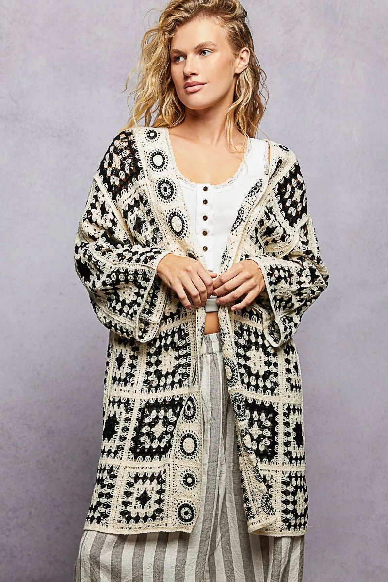 POL Open Front Crochet Cardigan with Granny Square Pattern - Chandeliers Boutique ny