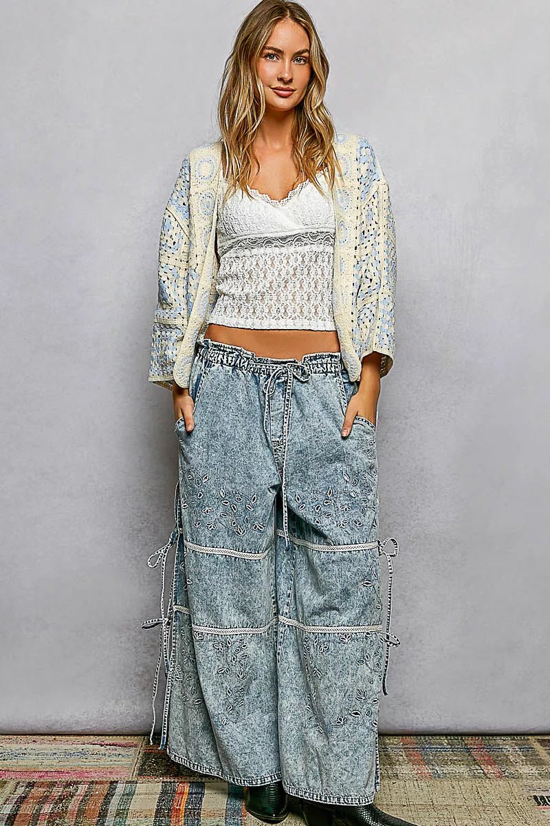 POL Open Front Crochet Cardigan with Granny Square Pattern - Chandeliers Boutique ny