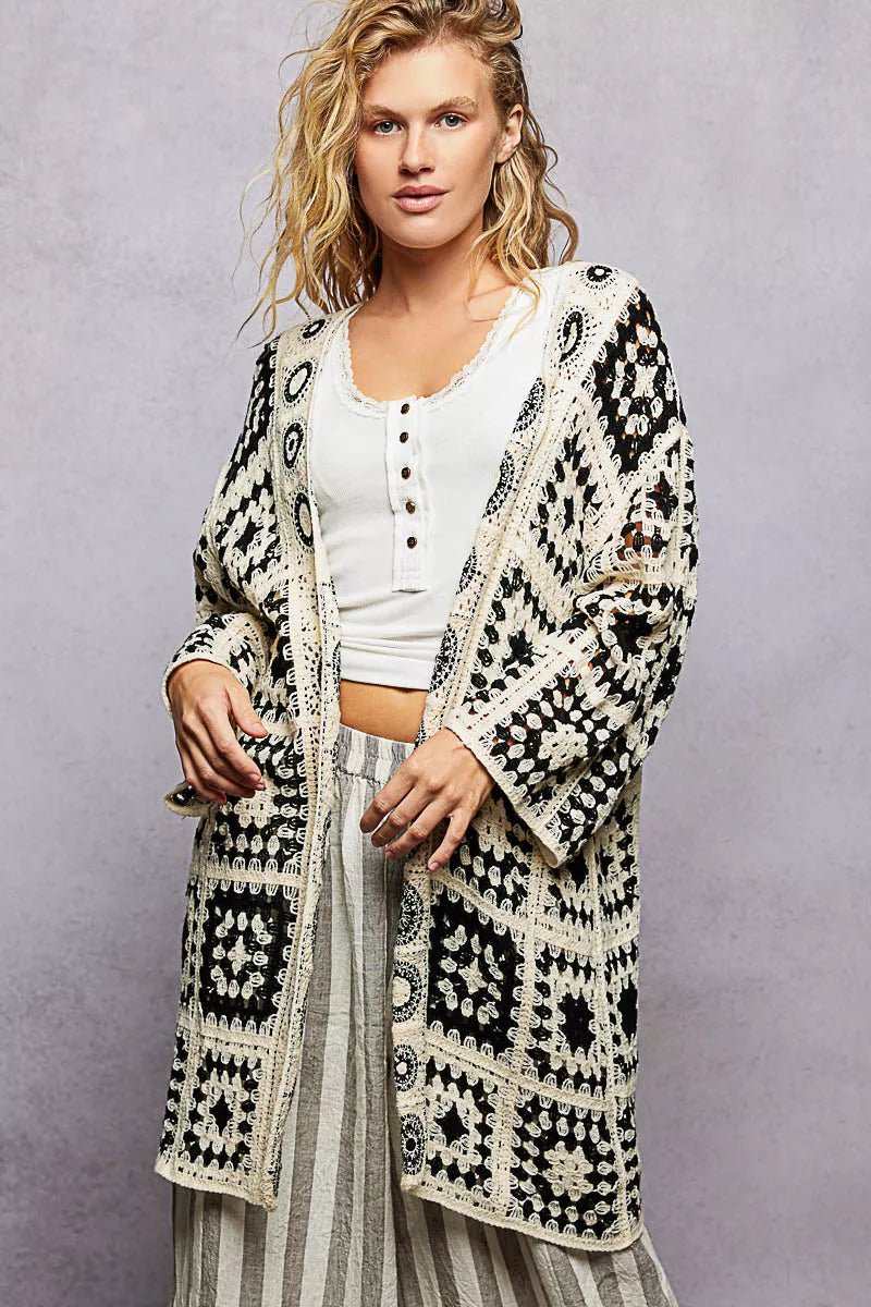 POL Open Front Crochet Cardigan with Granny Square Pattern - Chandeliers Boutique ny