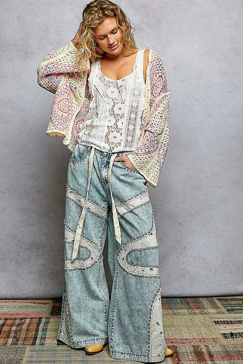 POL Open Front Crochet Cardigan with Granny Square Pattern - Chandeliers Boutique ny