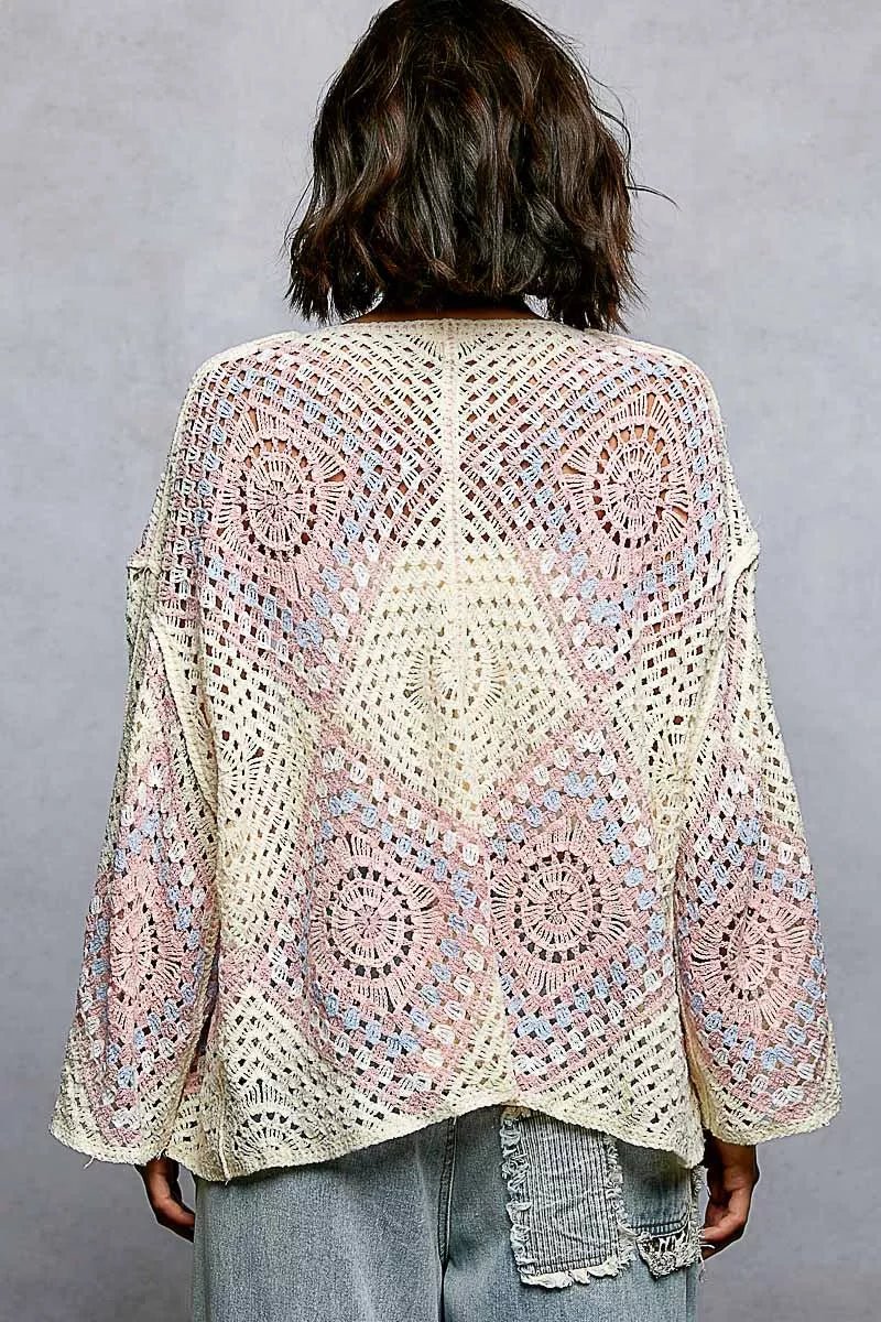 POL Open Front Crochet Cardigan with Granny Square Pattern - Chandeliers Boutique ny