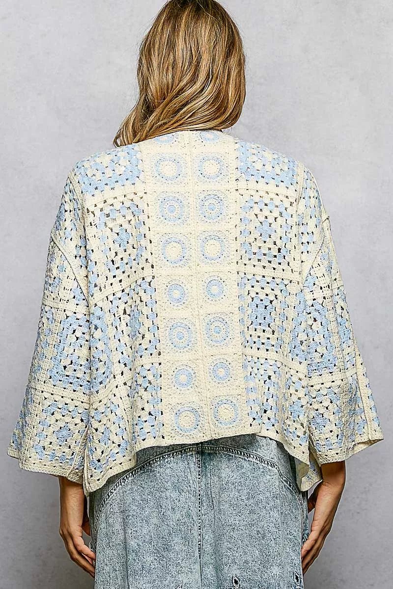 POL Open Front Crochet Cardigan with Granny Square Pattern - Chandeliers Boutique ny
