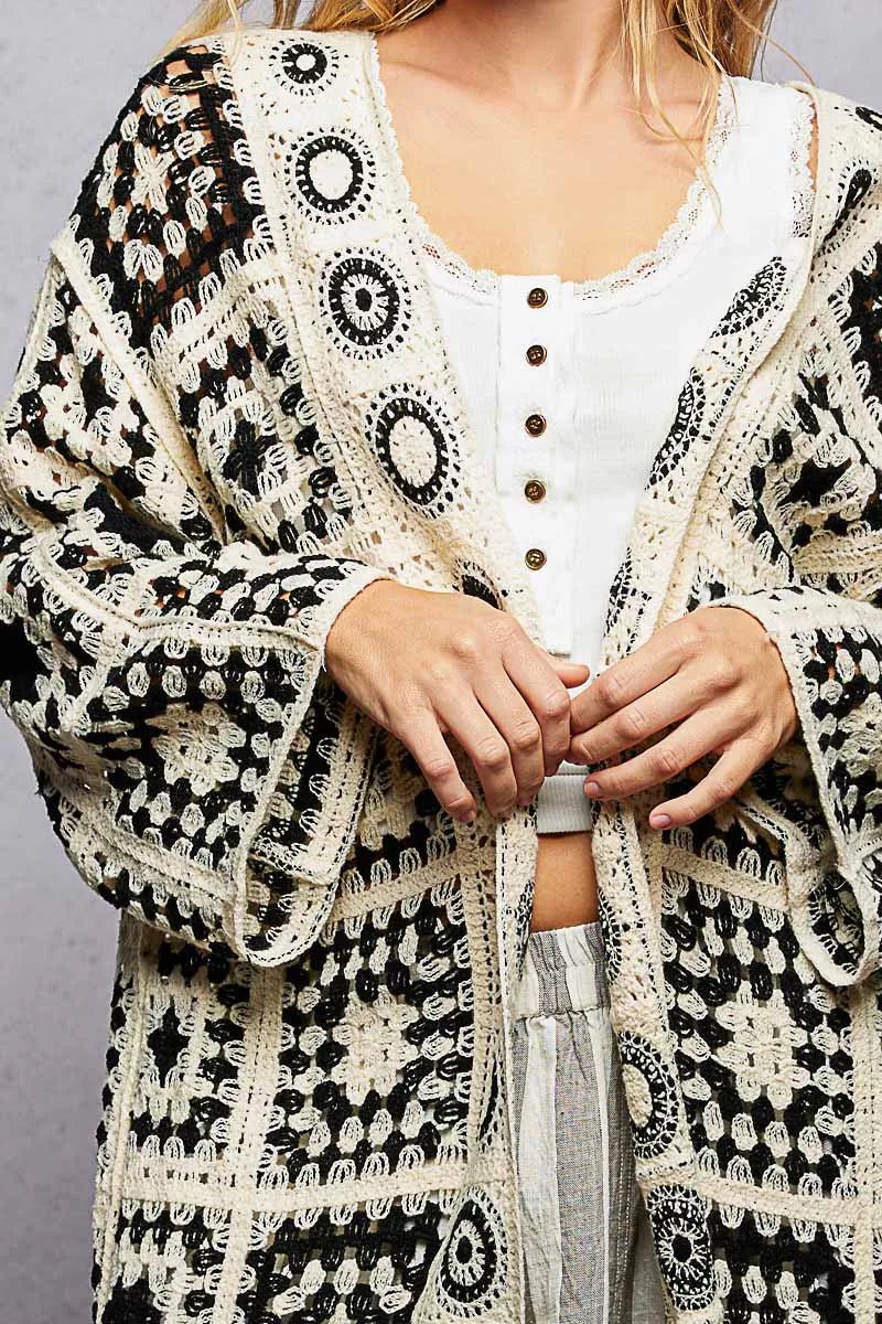 POL Open Front Crochet Cardigan with Granny Square Pattern - Chandeliers Boutique ny