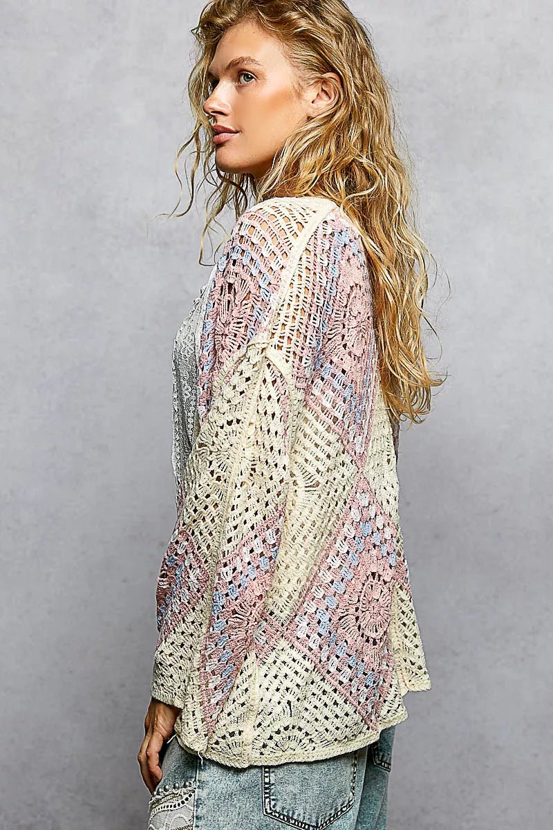 POL Open Front Crochet Cardigan with Granny Square Pattern - Chandeliers Boutique ny