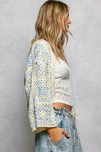 POL Open Front Crochet Cardigan with Granny Square Pattern - Chandeliers Boutique ny