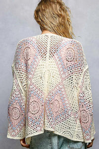 POL Open Front Crochet Cardigan with Granny Square Pattern - Chandeliers Boutique ny
