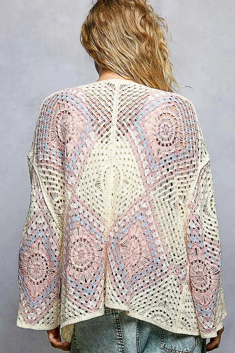 POL Open Front Crochet Cardigan with Granny Square Pattern - Chandeliers Boutique ny