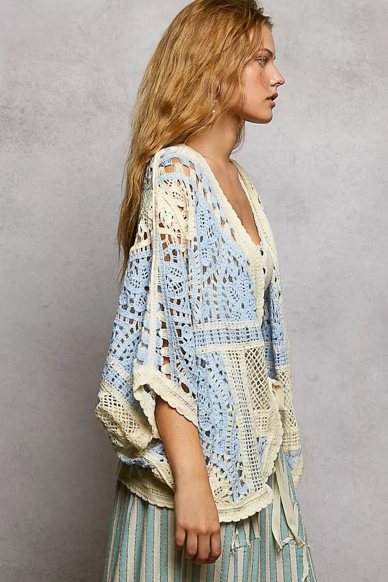POL Open Front Crochet Cardigan with Scalloped Edge - Chandeliers Boutique ny