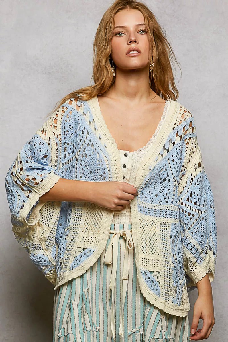 POL Open Front Crochet Cardigan with Scalloped Edge - Chandeliers Boutique ny