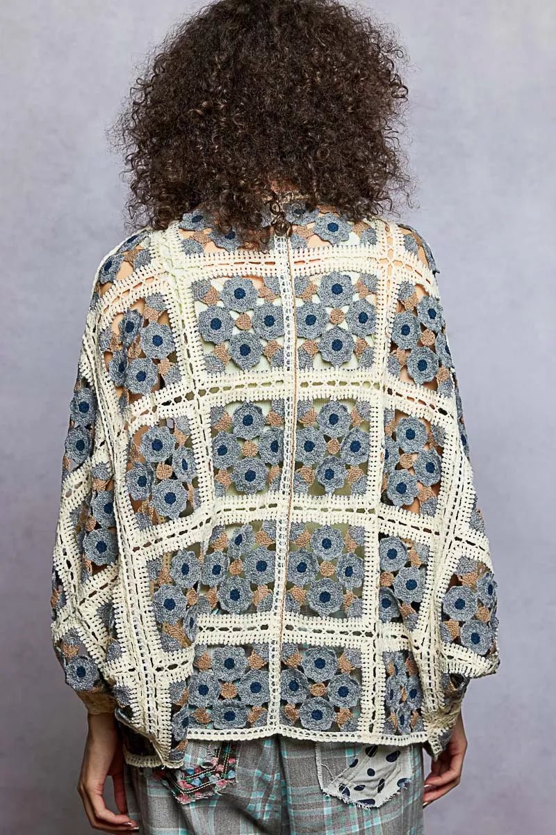 POL Open Front Floral Crochet Cardigan - Chandeliers Boutique ny