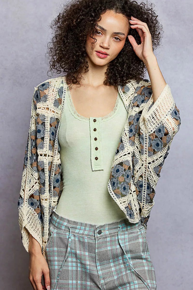 POL Open Front Floral Crochet Cardigan - Chandeliers Boutique ny