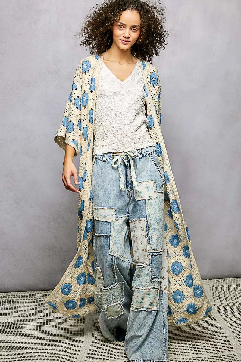 POL Open Front Floral Crochet Longline Cardigan - Chandeliers Boutique ny