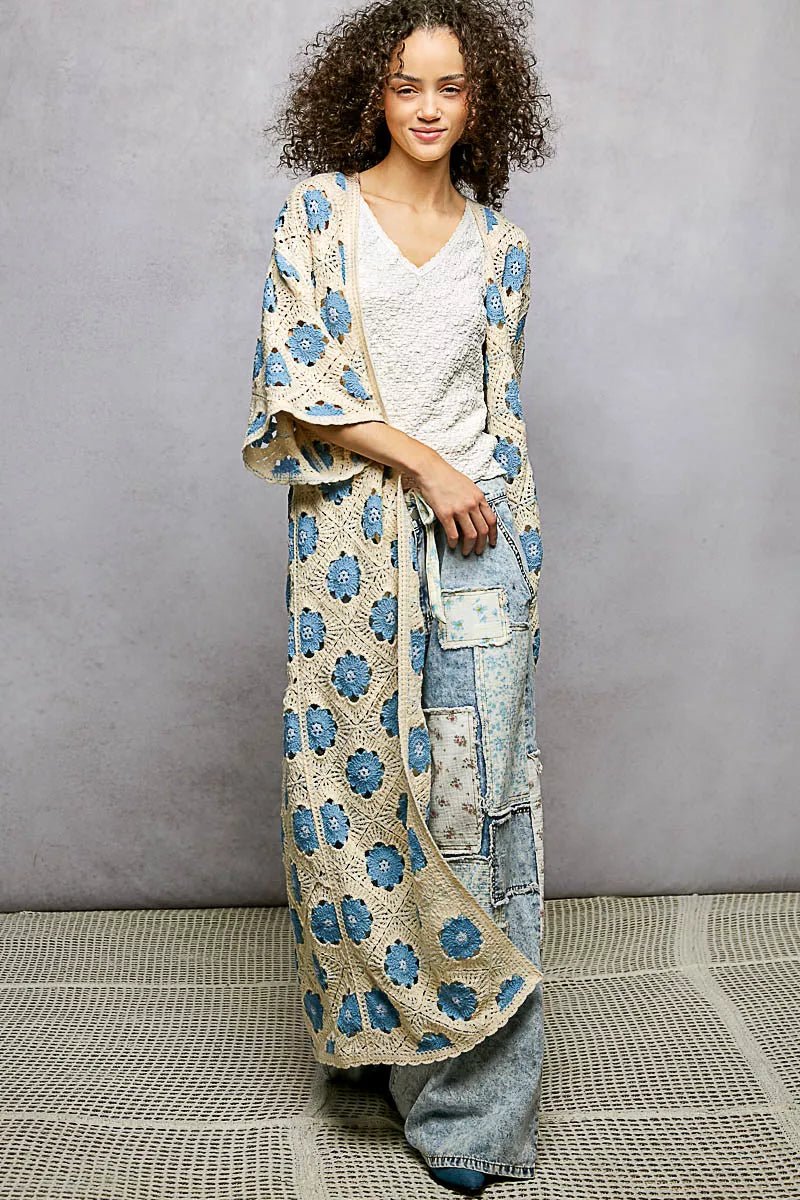 POL Open Front Floral Crochet Longline Cardigan - Chandeliers Boutique ny